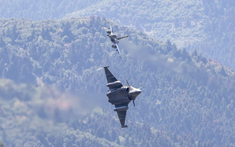 French Air Force Dassault Rafale fighter jets flying in the Western Peloponnese region