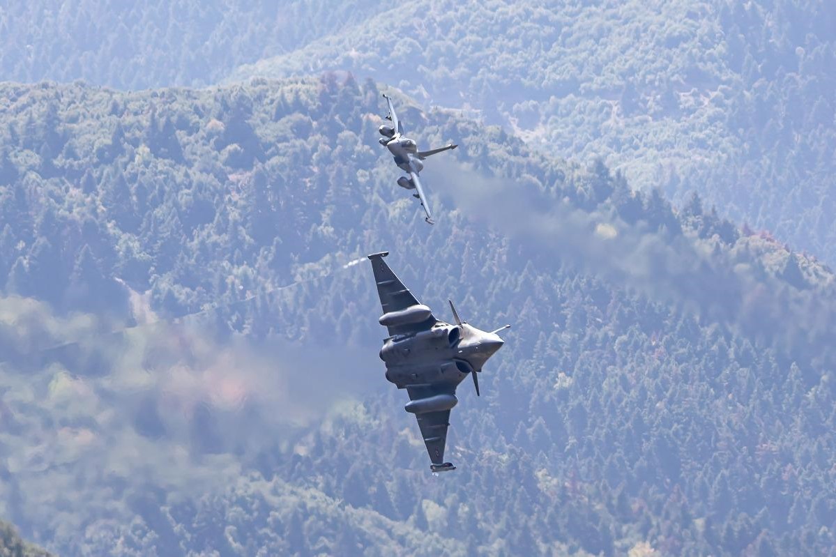 French Air Force Dassault Rafale fighter jets flying in the Western Peloponnese region