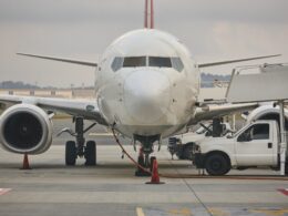 Airplane refueling on the runaway. Transportation industry. Fuel supply