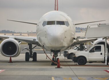 Airplane refueling on the runaway. Transportation industry. Fuel supply