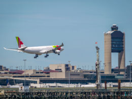 An aircraft arrives at Boston Logan International Airport