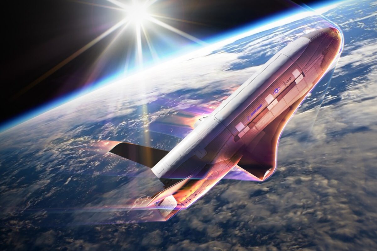 Artist rendering of the X-37B conducting an aerobraking maneuver using the drag of Earth’s atmosphere