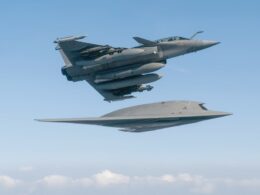 Dassault Rafale flying in formation with the nEUROn stealth drone