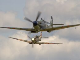 Supermarine Spitfire Mk Vb BM597 JH C G MKVB closes in on Asian Supermarine Spitfire Mk LF III PP972 G BUAR