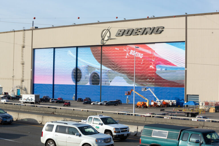 Boeing sign at a factory in Washington