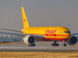 DHL Boeing 777F airplane at Leipzig Halle LEJ Airpor