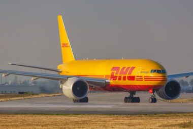 DHL Boeing 777F airplane at Leipzig Halle LEJ Airpor