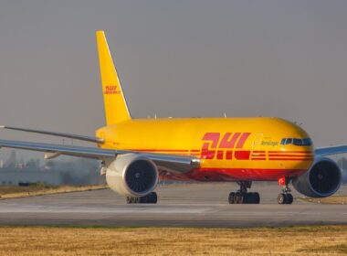 DHL Boeing 777F airplane at Leipzig Halle LEJ Airpor