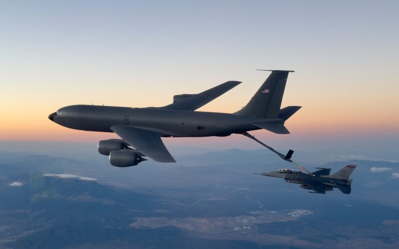 USAF KC-135 Stratotanker aircraft and F-16 fighter jet