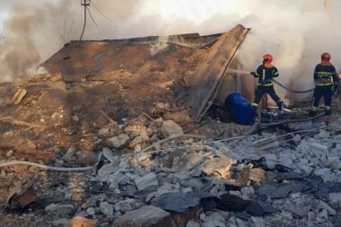 Ukrainian firefighters extinguishing a fire