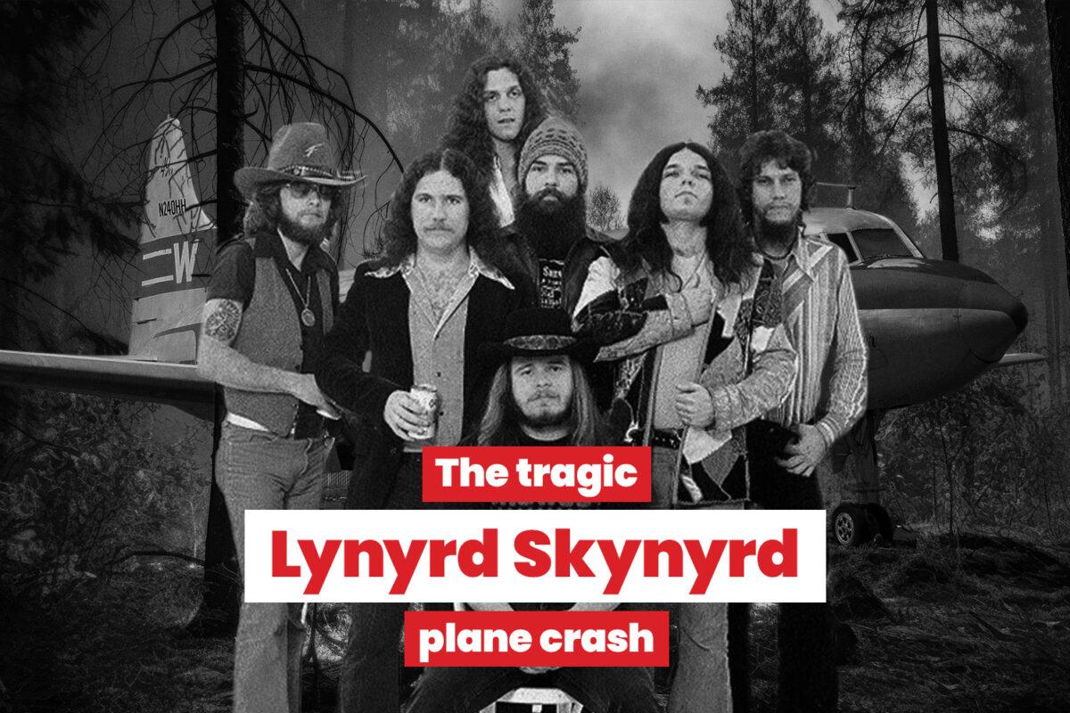 The bandmembers of Lynyrd Skynyrd in front of the crash site