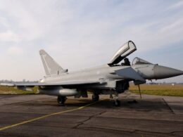 A Royal Air Force Eurofighter Typhoon aircraft from RAF Coningsby stop by RAF Mildenhall