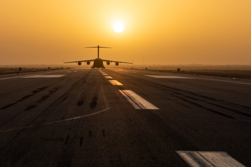 A C-17 Globemaster III cargo aircraft taxis after landing at Air Base 201