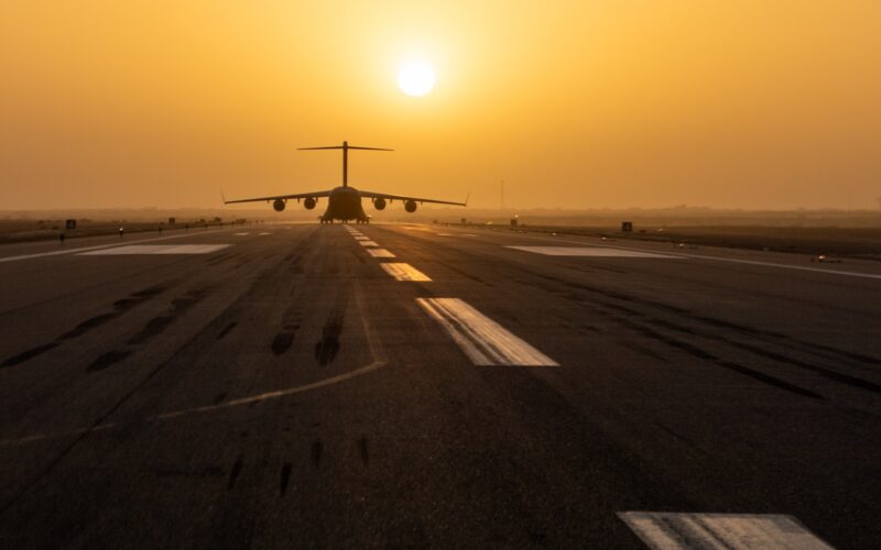 A C-17 Globemaster III cargo aircraft taxis after landing at Air Base 201