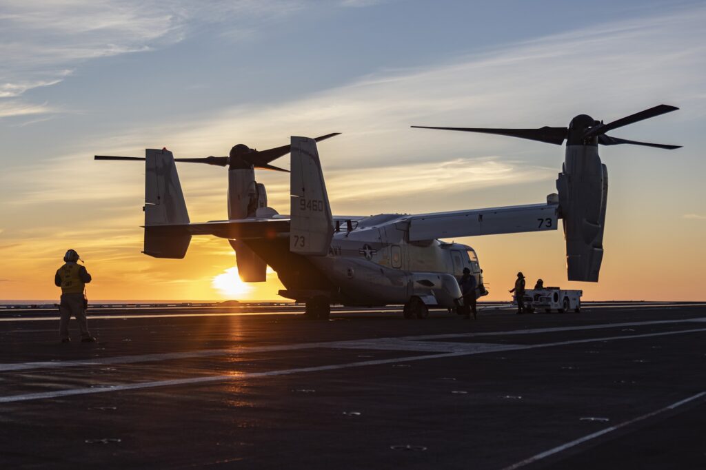 A CMV-22B Osprey on the flight deck of USS Abraham Lincoln