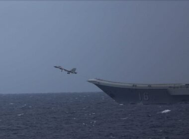 A J-15 fighter taking off from CNS Liaoning aircraft carrier