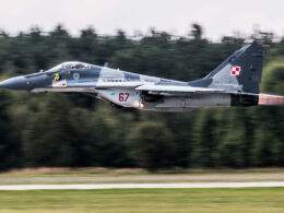 A Polish MiG-29 fighter jet flying low