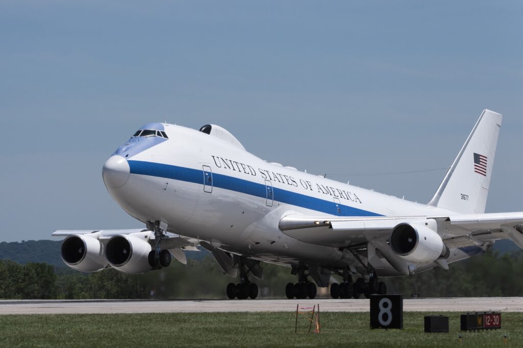 A U.S. Air Force E-4B National Airborne Operations Center aircraft takes off