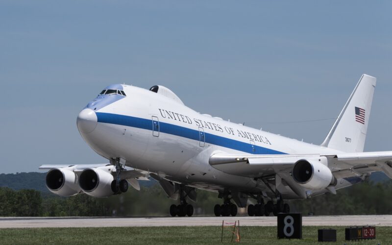 A U.S. Air Force E-4B National Airborne Operations Center aircraft takes off