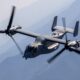 A U.S. Marine Corps MV-22 Osprey tiltrotor aircraft flying