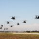 A formation of UH-60 Black Hawk helicopters