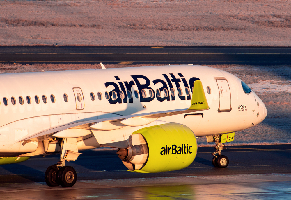 Riga,,Latvia,-,March,02,,2020:,Airbaltic,Airbus,A220,Taxi