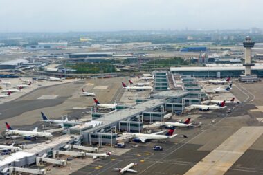 Aerial view of JFK airport terminal tower and apron