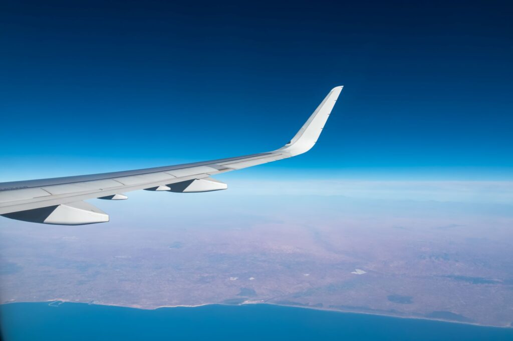 Aerial window view from an airplane on the African coast of Morocco