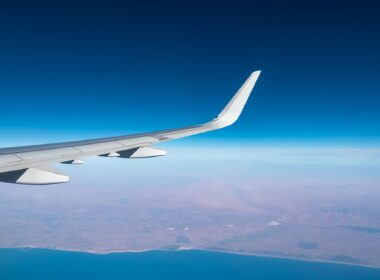 Aerial window view from an airplane on the African coast of Morocco