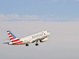 American Airlines Airbus 319 132 commercial jet departs from John Wayne International Airport in Santa Ana California