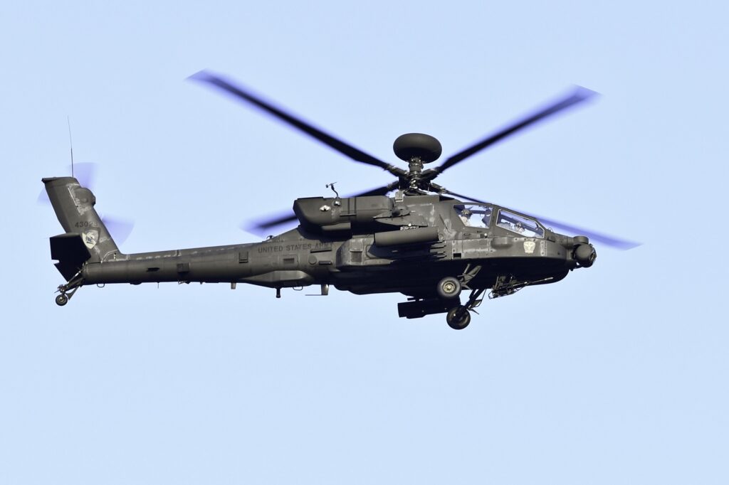 An AH-64E Apache attack helicopter