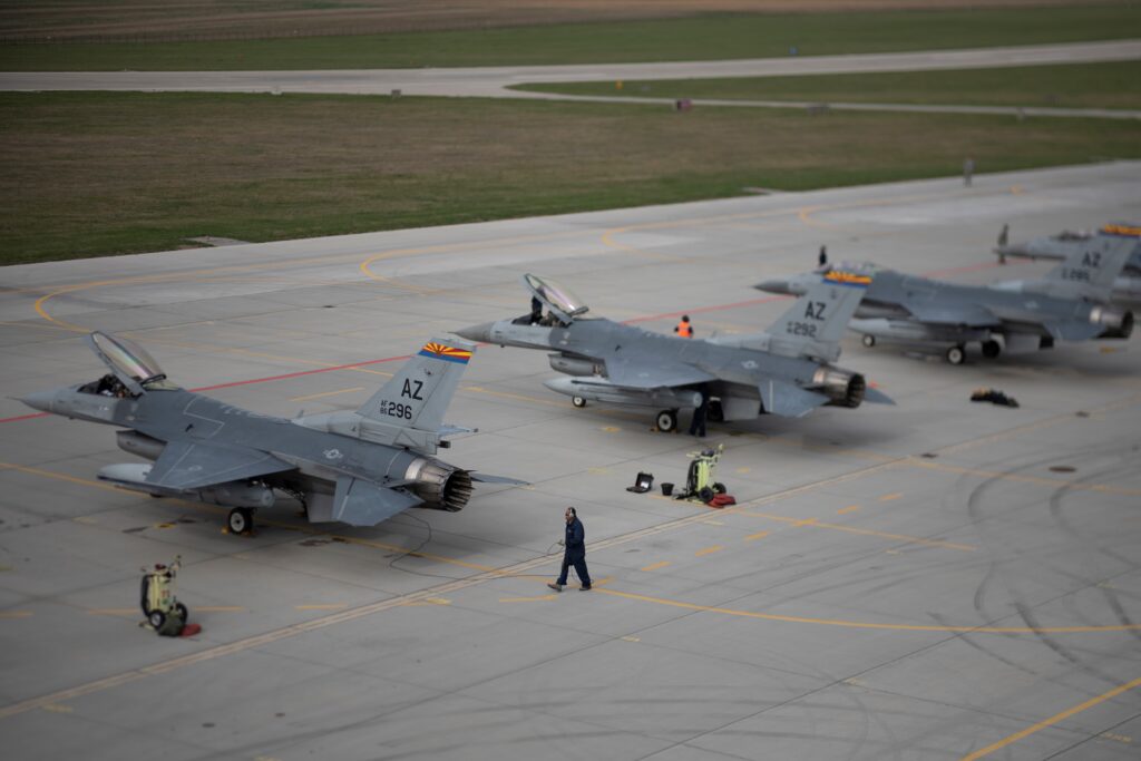 Arizona Air National Guard F-16 fighters lined upon the apron