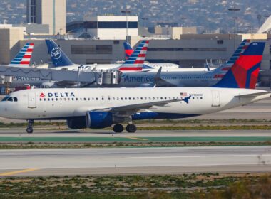 Delta Airlines Airbus A320 and American Airlines jet at Los Angeles airport (LAX) in the USA