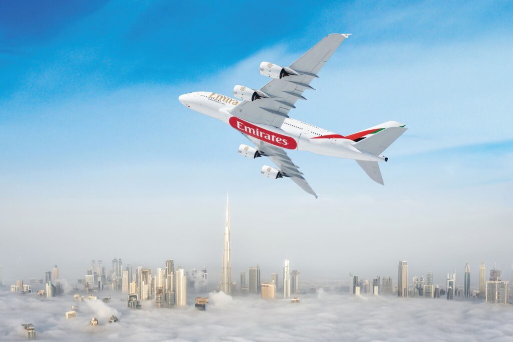 Emirates A380 flying over Dubai