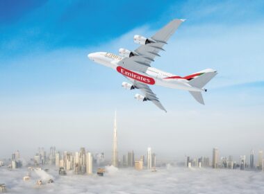 Emirates A380 flying over Dubai