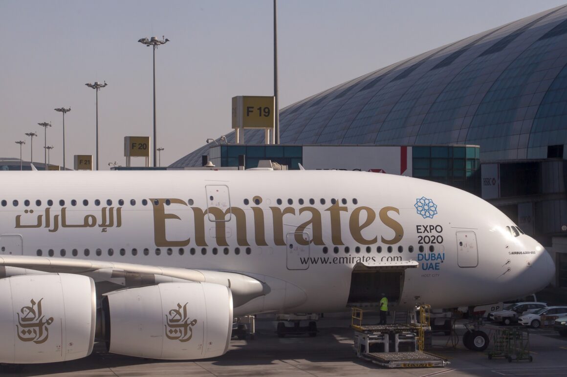 Emirates Airbus A380 at a gate at Dubai International Airport DXB ...