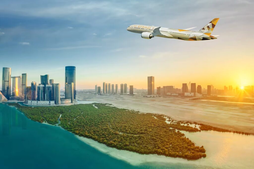 Etihad Airways Boeing 787 aircraft flying near Abu Dhabi