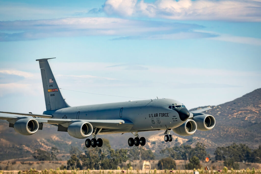 KC 135 Stratotanker lands at the 2022 Miramar Airshow