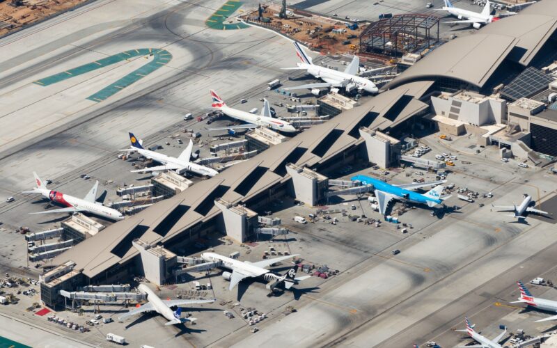 Multiple wide body aircraft of Airbus and Boeing at Los Angeles Airport LAX