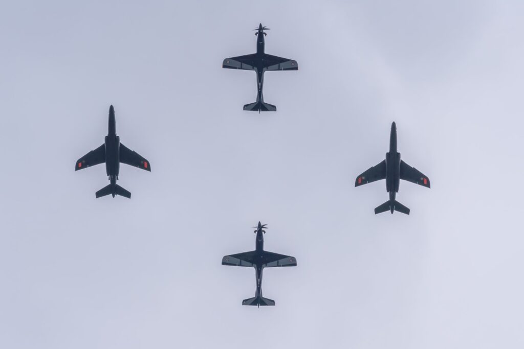 PC-21 and Alpha Jet jet trainers flying in formation