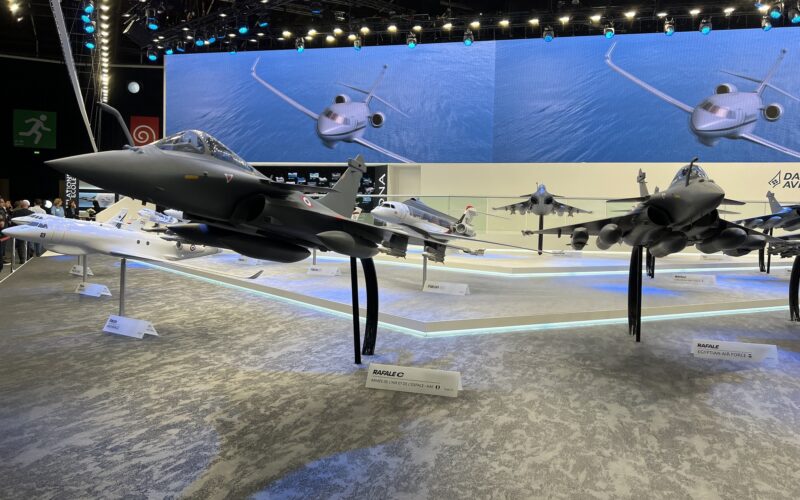 Rafale models at Dassault Aviation stand during Paris Air Show 2023