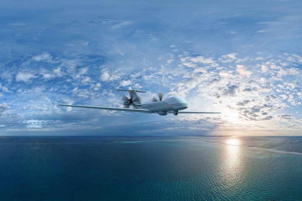 Render of the Eurodrone flying above the sea