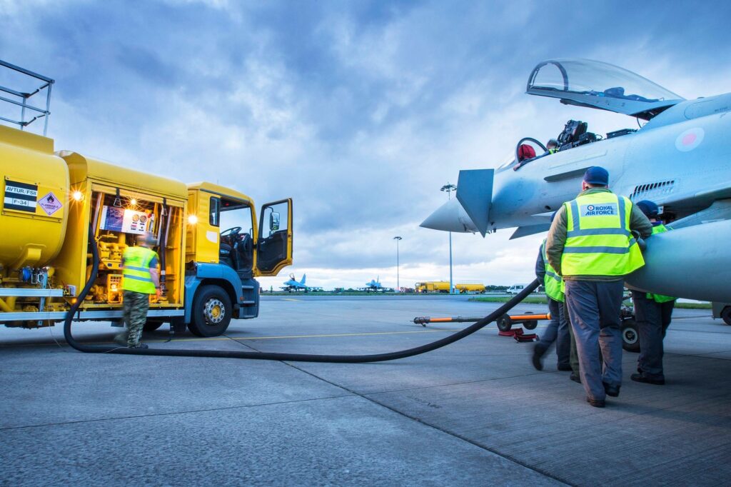 Royal Air Force refueling Eurofighter Typhoon with sustainable aviation fuel blend