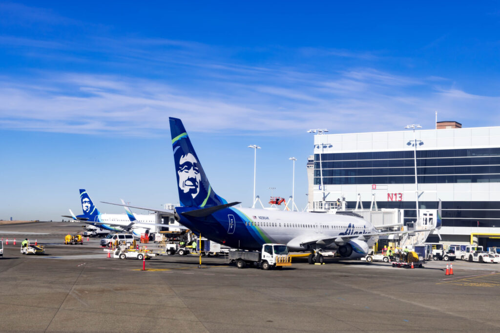 Seattle-Tacoma International Airport Runway Area with Alaska Airplane, Seattle USA, March 30, 2020