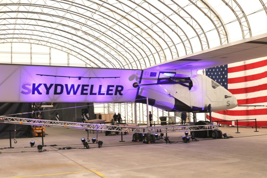 Skydweller aircraft in hangar during unveiling event