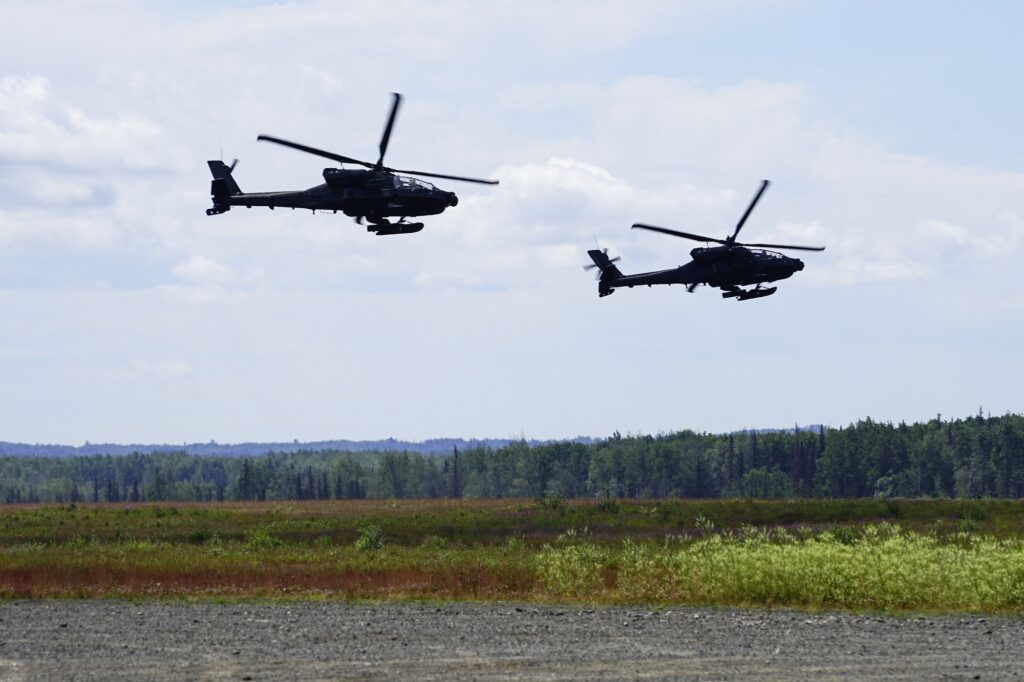 Two Apache Longbow attack helicopters in Alaska