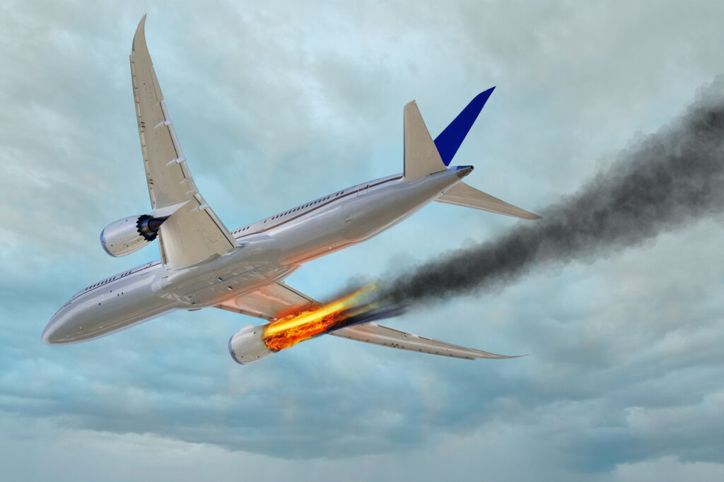 airplane flying in the sky with an engine on fire Mayday danger