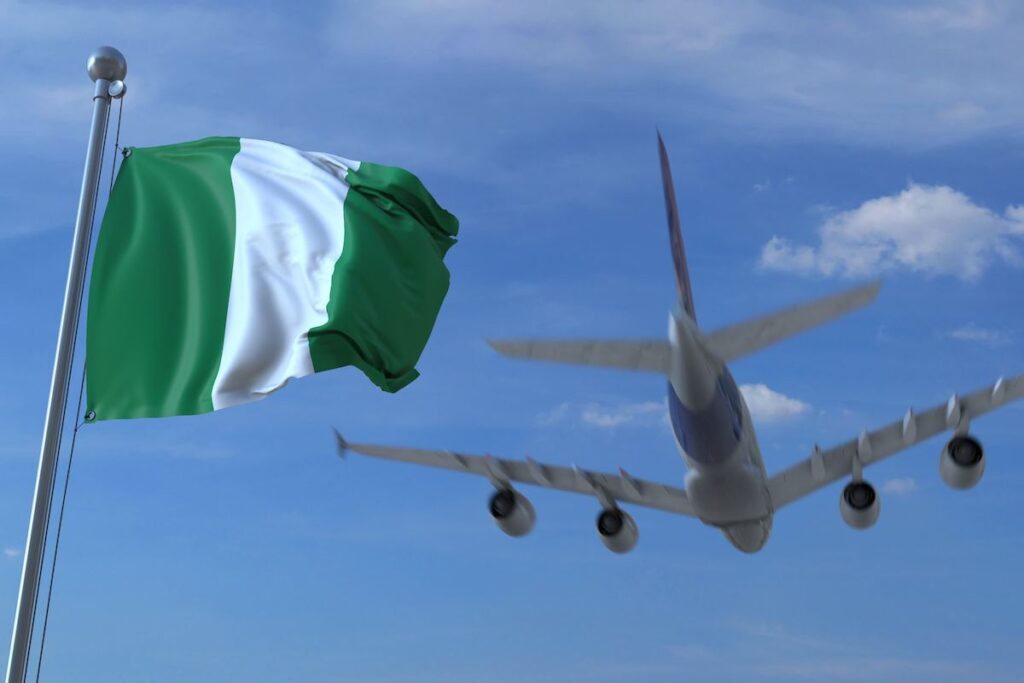 Airplane,Flying,Over,Waving,Flag,Of,Nigeria.,3d,Rendering